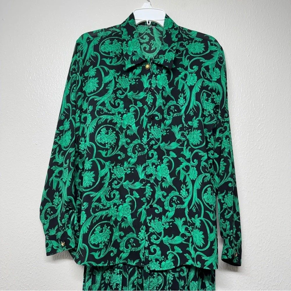 Vintage Leslie Fay Emerald Paisley Maxi Skirt Set with Long Sleeve Blouse